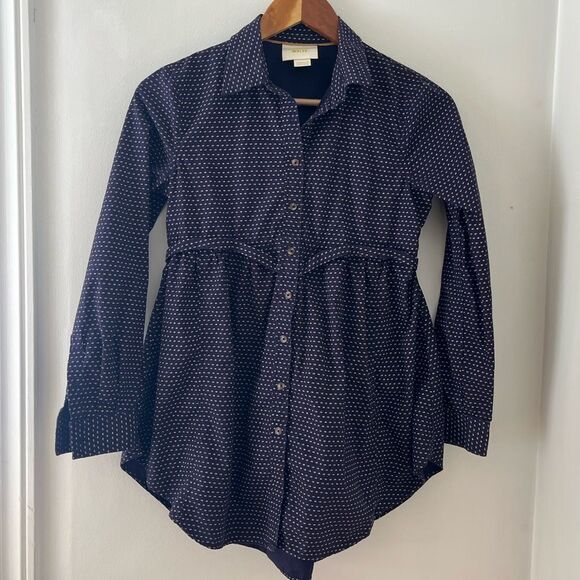 Anthropologie Maeve Blue Long Sleeve Polka Dot Cotton Long Blouse - Picture 2 of 9